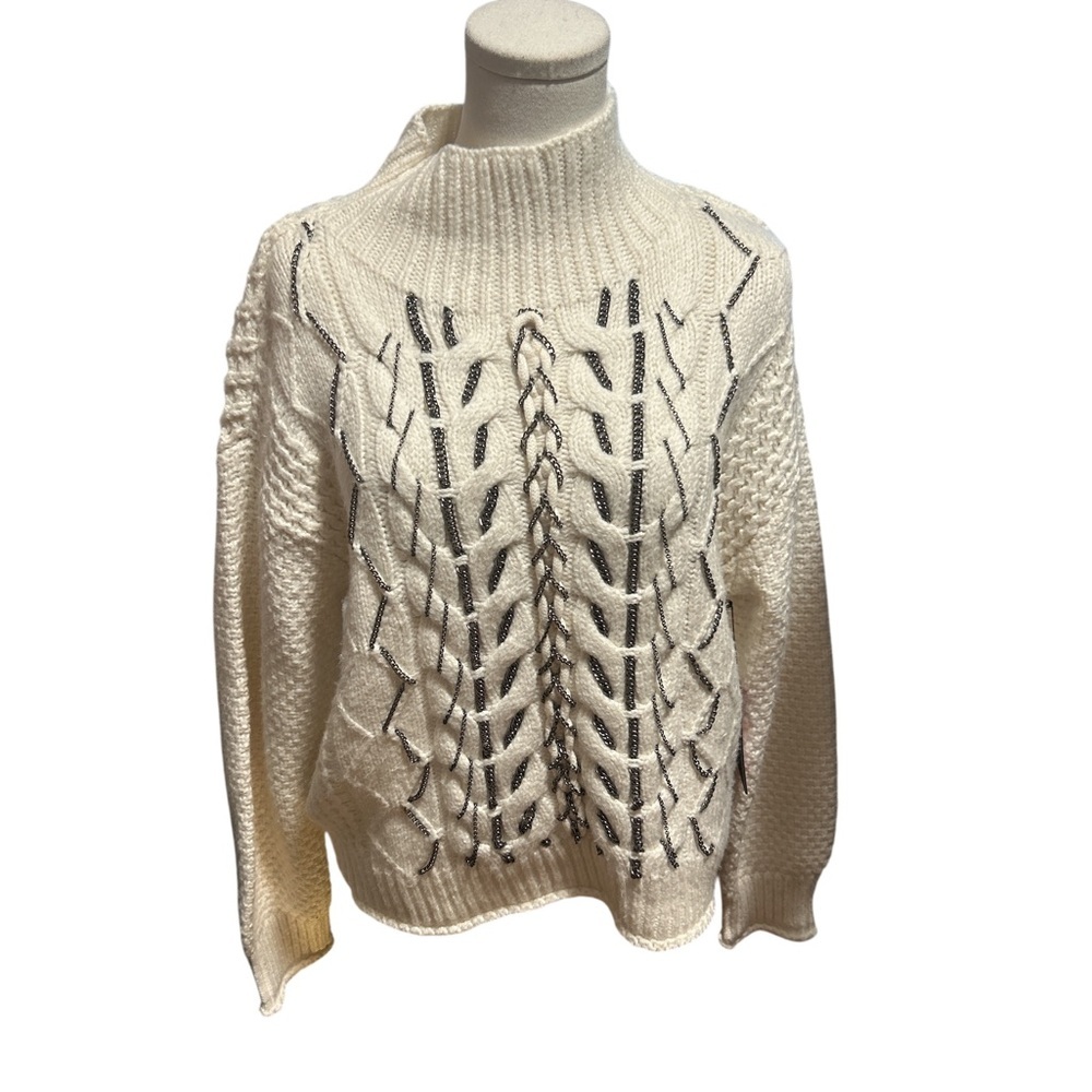 Vince Camuto Ivory Cable Knit Sweater Chain Detail Mock Neck Sz small NWT - Picture 2 of 10